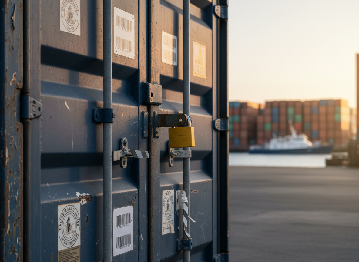 A close-up photographic image of a rugged, weathered cargo container door at a busy port, painted in faded navy blue with visible scratches and rust around the hinges and locking bars. Prominent inspection seals and barcodes are neatly affixed, alongside a bright yellow security lock that appears newly installed. In the softly blurred background, stacked containers in varied muted colors and a distant harbor patrol vessel suggest a wider port environment. Late afternoon sunlight casts warm, angled light, creating defined shadows along the metal ridges and highlighting surface textures. Shot from a slightly low angle with moderate depth of field, the composition feels vigilant and controlled, emphasizing port security and anti-smuggling efforts in a realistic, documentary style.