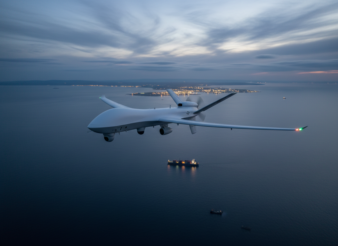 A cinematic, photographic image of a sleek white patrol drone aircraft cruising above a dark blue coastal sea at twilight, its navigation lights glowing red and green against the subtly clouded sky. Below, the faint outline of a container ship and smaller vessels is visible on calm waters, with a distant coastline dotted by softly glowing port lights. The drone’s smooth composite surface and sensor pods are captured in crisp detail from a three-quarter aerial view, as if from another aircraft. Cool, fading daylight paired with the first hints of night creates a serious, anticipatory atmosphere. The composition uses wide framing with strong depth, suggesting advanced surveillance capabilities for monitoring maritime crime and illicit trafficking beyond traditional naval assets.