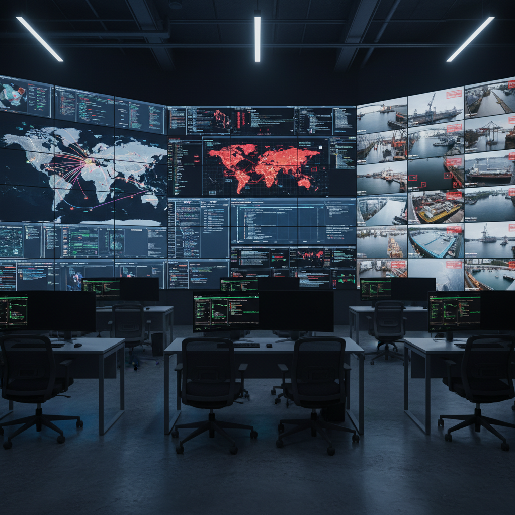 A detailed photographic image of a large, multi-screen digital command center wall displaying colorful live maps of global sea routes, cyber threat dashboards, and port security camera feeds. In the foreground, rows of empty ergonomic black chairs and minimalist desks hold dark, powered-on monitors with glowing status indicators, but no people. The room is illuminated by the cool blue light of the screens, with minimal overhead lighting, creating subtle reflections on the polished dark floor. Captured from a slightly elevated angle with sharp focus throughout, the composition emphasizes technological sophistication and coordinated monitoring of non-traditional maritime threats. The mood is focused, analytical, and high-tech, matching a professional research institute’s control environment.