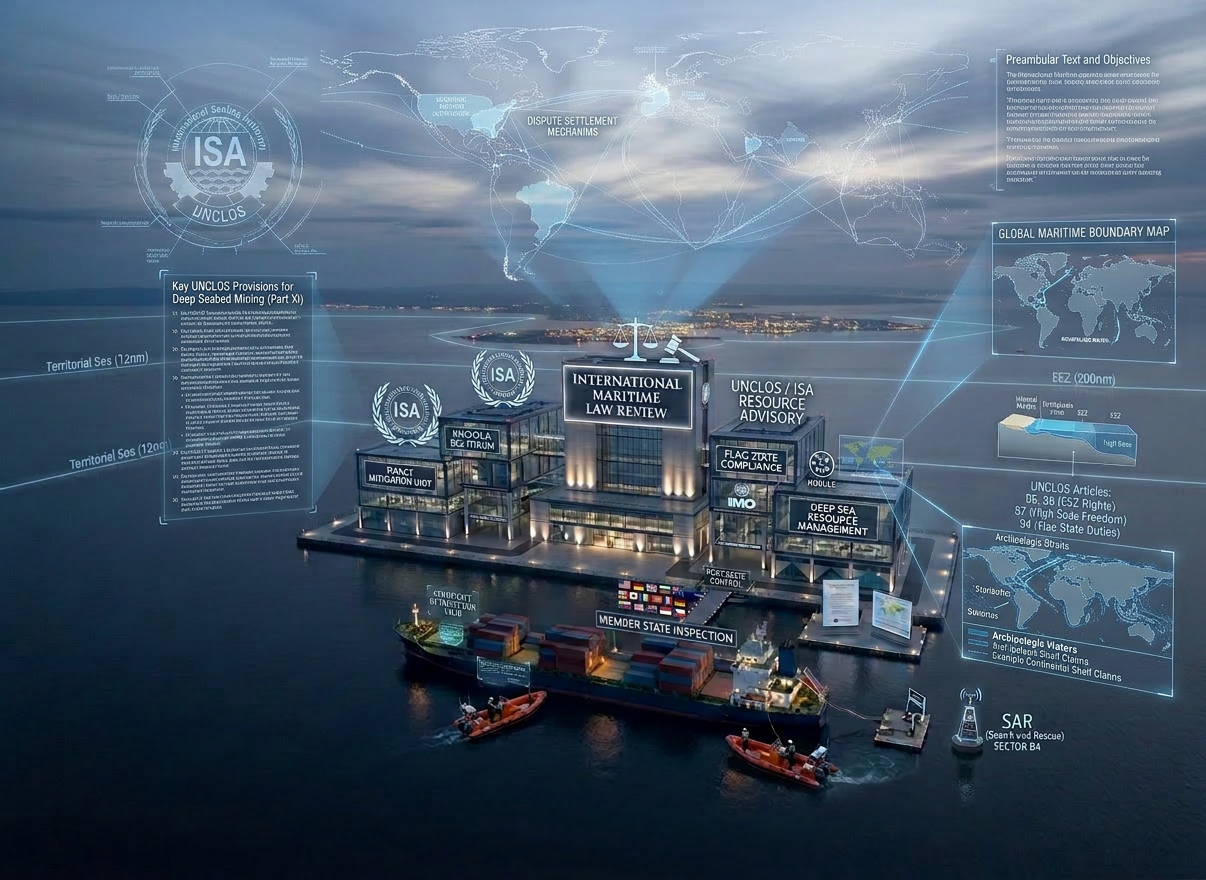 A cinematic, photographic image of a sleek white patrol drone aircraft cruising above a dark blue coastal sea at twilight, its navigation lights glowing red and green against the subtly clouded sky. Below, the faint outline of a container ship and smaller vessels is visible on calm waters, with a distant coastline dotted by softly glowing port lights. The drone’s smooth composite surface and sensor pods are captured in crisp detail from a three-quarter aerial view, as if from another aircraft. Cool, fading daylight paired with the first hints of night creates a serious, anticipatory atmosphere. The composition uses wide framing with strong depth, suggesting advanced surveillance capabilities for monitoring maritime crime and illicit trafficking beyond traditional naval assets.